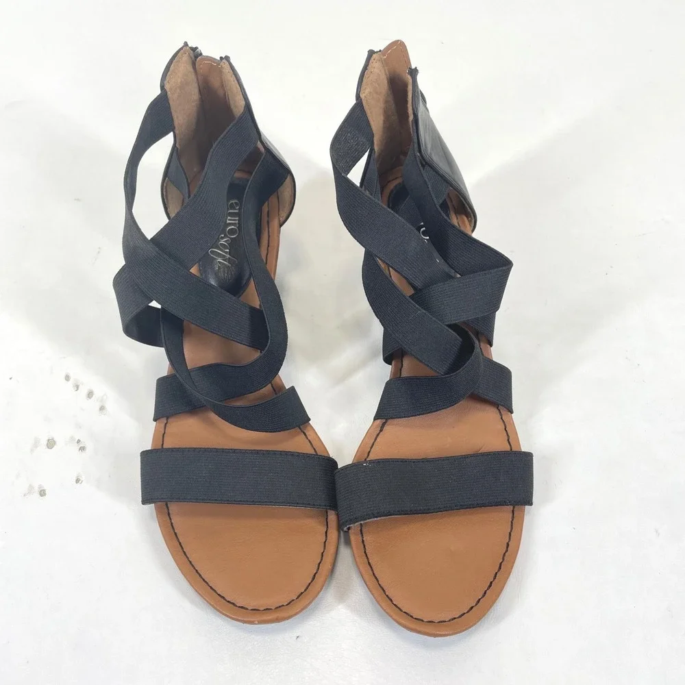 EuroSoft by Sofft Womens Black Strappy Elastic Wedge Sandals Size 8M